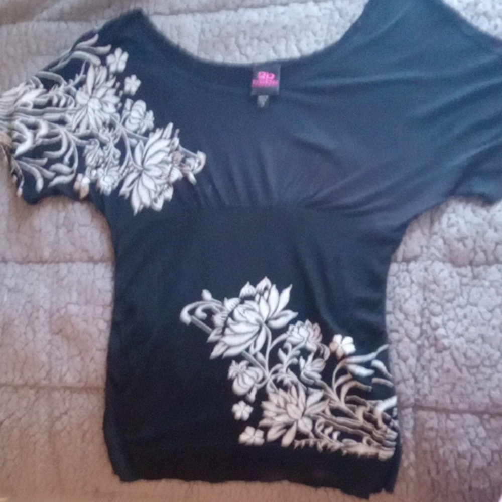 2B Bebe Black Top with White Floral Design